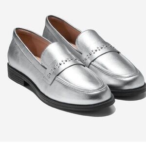 Cole Haan Stassi Silver Leather Penny Loafer size 8 retail $165